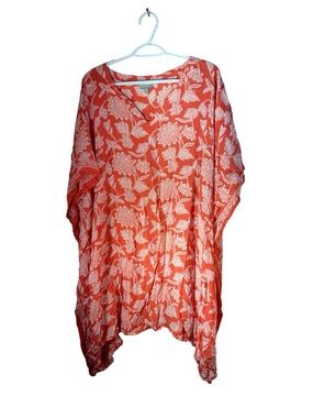 Cost Plus World Market Coral Orange Floral V-Neck Tunic kaftan